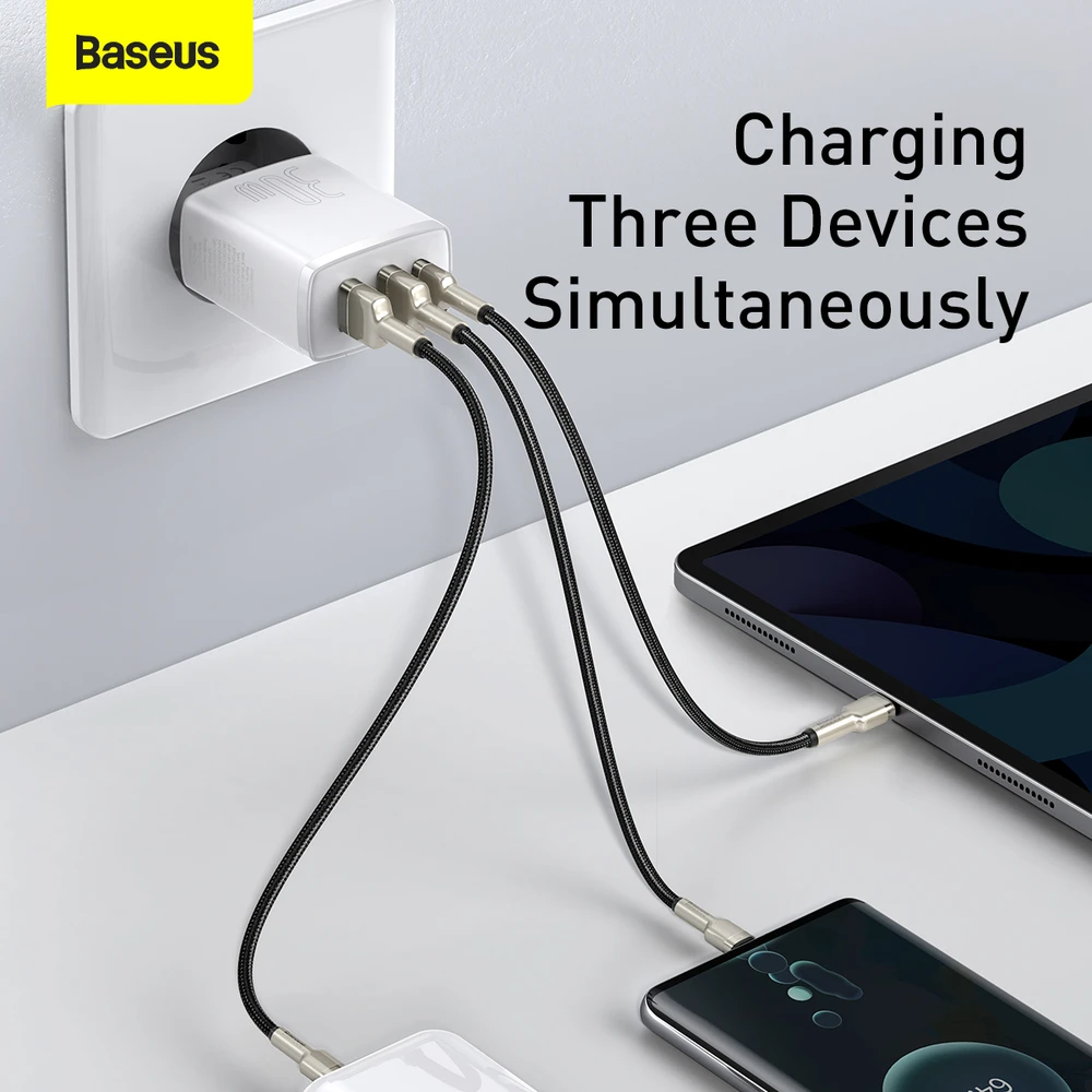 Baseus Sieninis įkroviklis 30W 2xUSB + USB-C QC3.0 PD3.0, baltas
