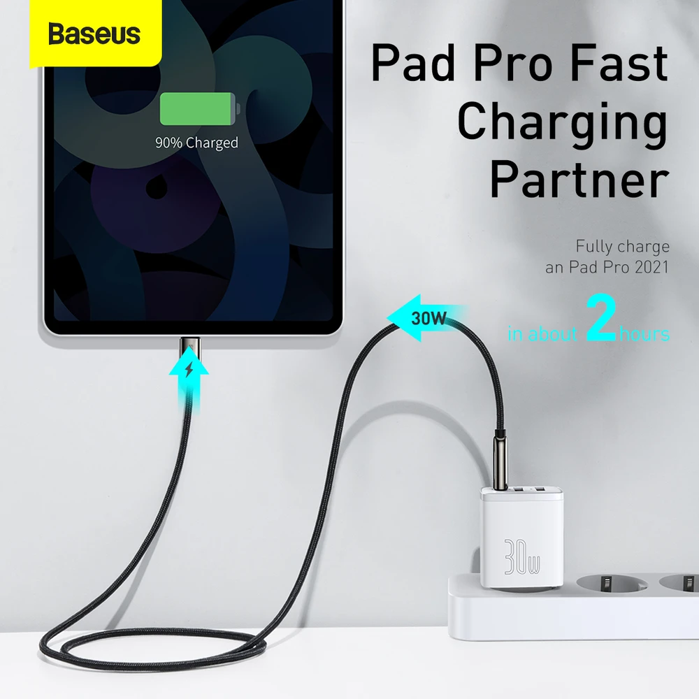 Baseus Sieninis įkroviklis 30W 2xUSB + USB-C QC3.0 PD3.0, baltas
