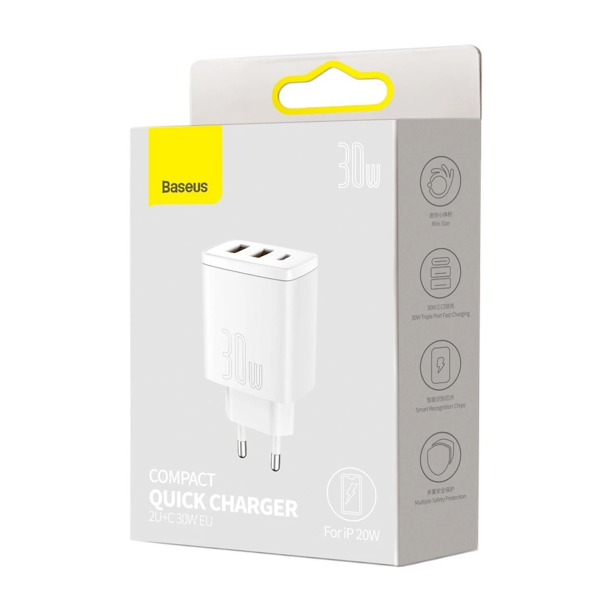 Baseus Sieninis įkroviklis 30W 2xUSB + USB-C QC3.0 PD3.0, baltas