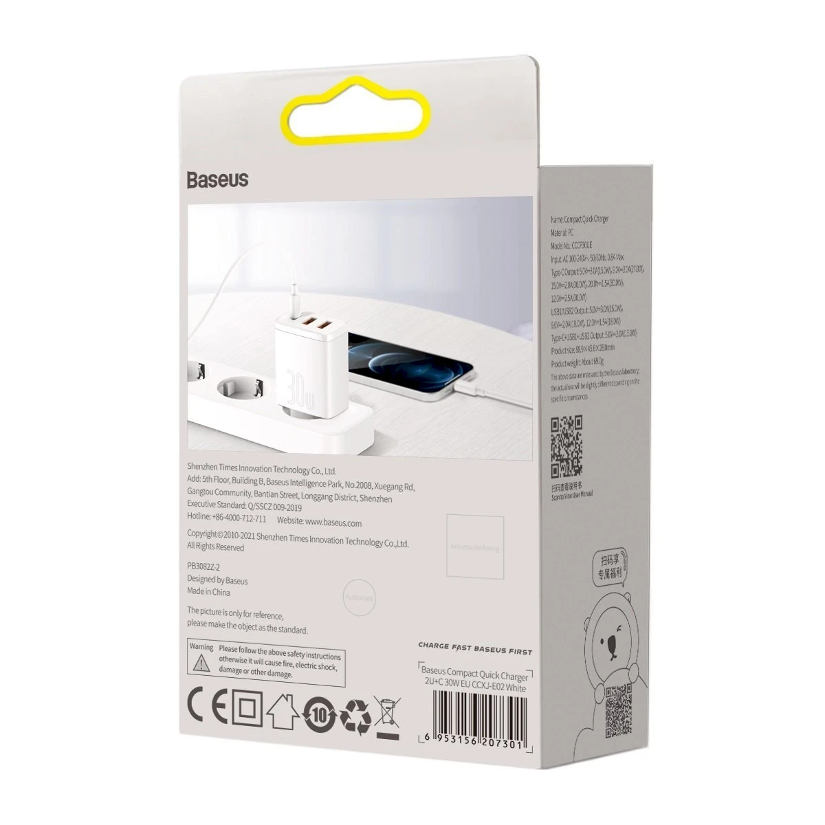 Baseus Sieninis įkroviklis 30W 2xUSB + USB-C QC3.0 PD3.0, baltas