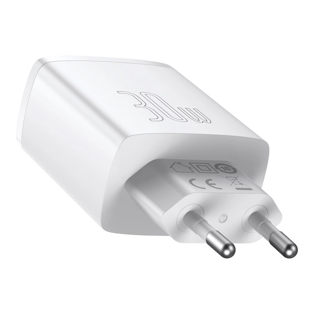 Baseus Sieninis įkroviklis 30W 2xUSB + USB-C QC3.0 PD3.0, baltas