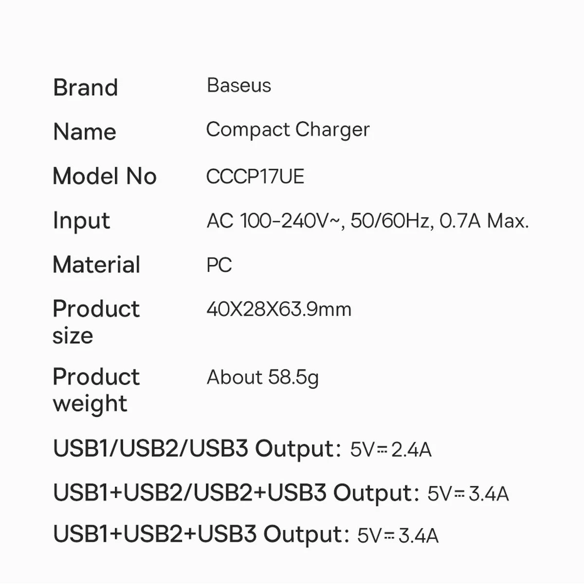 Baseus Sieninis įkroviklis 17W 3xUSB 3.4A, juodas