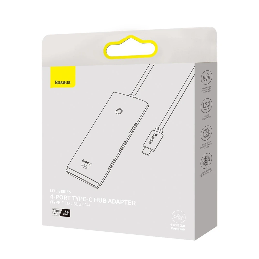 Baseus Lite serijos šakotuvas 4in1 USB-C - 4 x USB 3.0 + USB-C 1m – Juodas