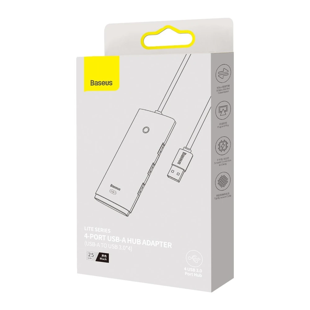 Baseus Šakotuvas USB-A 4 prievadų (USB 3.0) 25cm, juodas