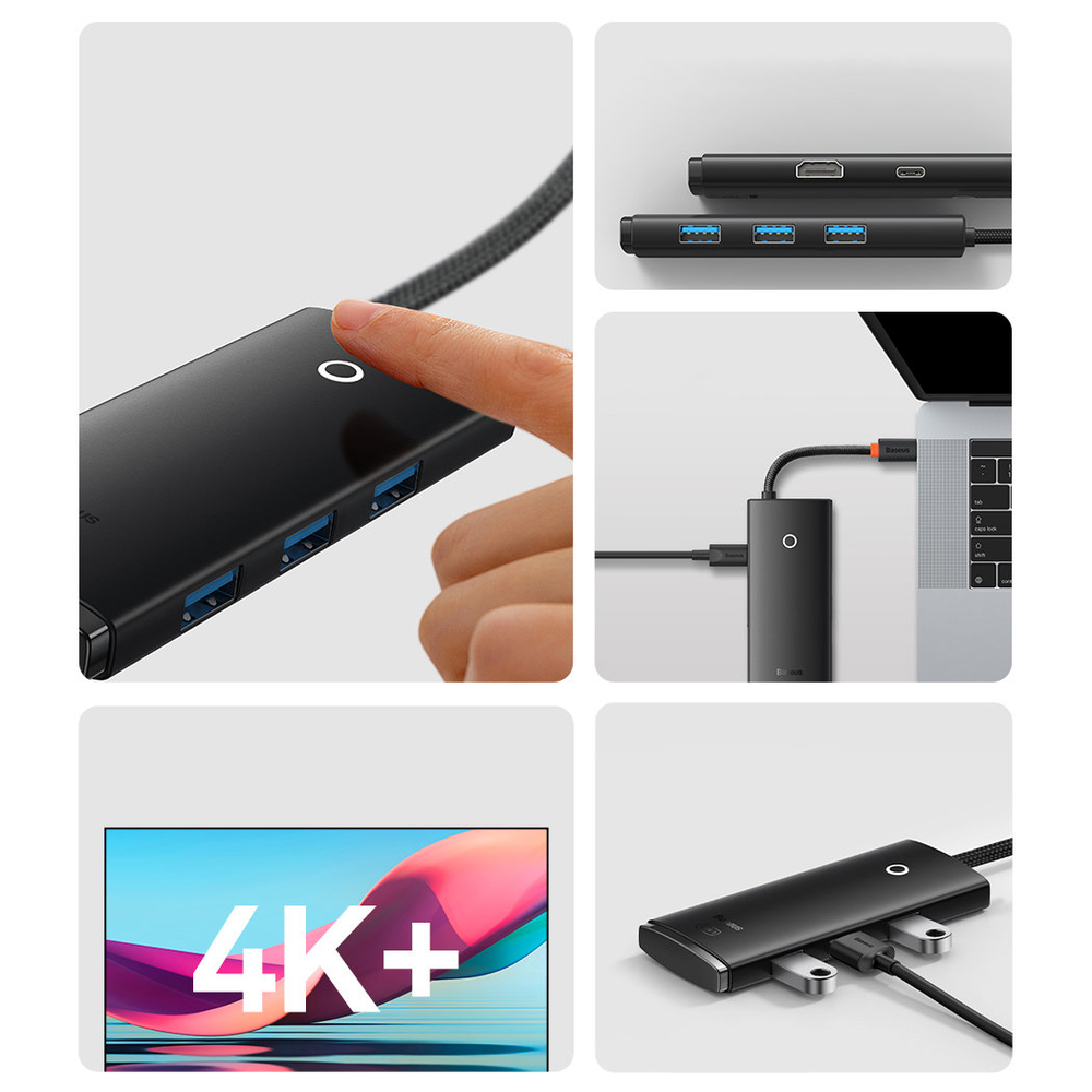 5in1 Baseus Lite serija USB-C 3x USB 3.0 + USB-C + HDMI šakotuvas (fekete)