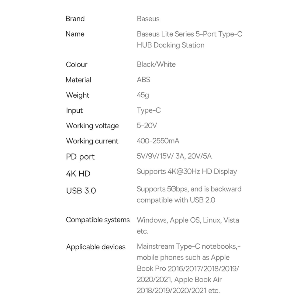 5in1 Baseus Lite serija USB-C 3x USB 3.0 + USB-C + HDMI šakotuvas (fekete)