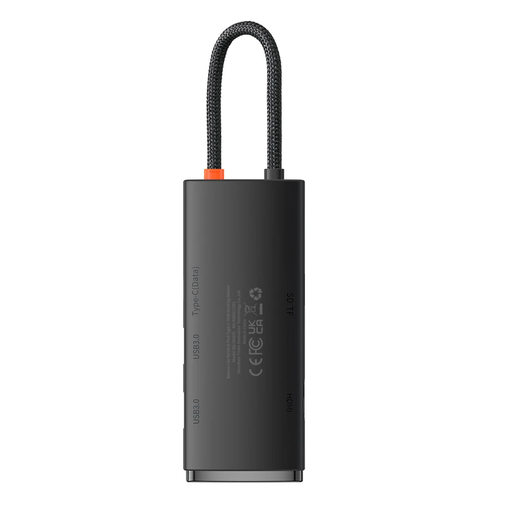 „Baseus Lite“ serijos šakotuvas 6w1 USB-C iki 2x USB 3.0 + USB-C + HDMI + SD/TF (juodas)
