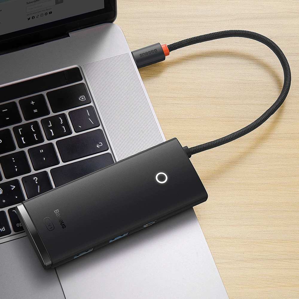„Baseus Lite“ serijos šakotuvas 6w1 USB-C iki 2x USB 3.0 + USB-C + HDMI + SD/TF (juodas)