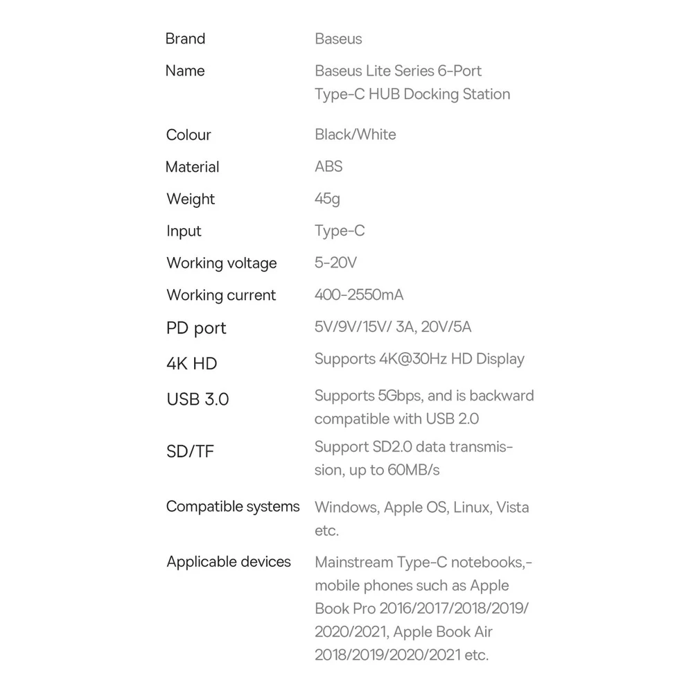 „Baseus Lite“ serijos daugiafunkcis HUB USB Type C - 2 x USB 3.0 / USB Type C PD / HDMI 1,4 / SD / TF baltas (baltas)