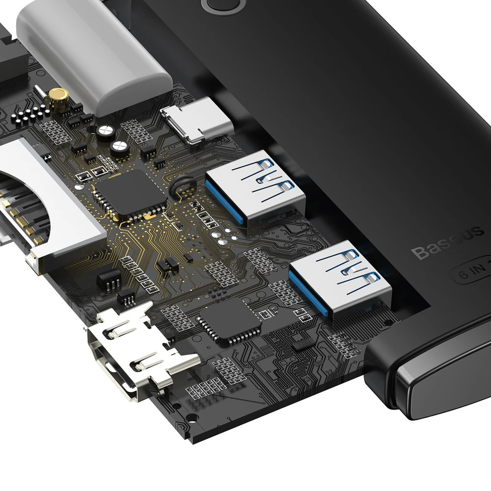 „Baseus Lite“ serijos šakotuvas 6w1 USB-C iki 2x USB 3.0 + USB-C + HDMI + SD/TF (juodas)