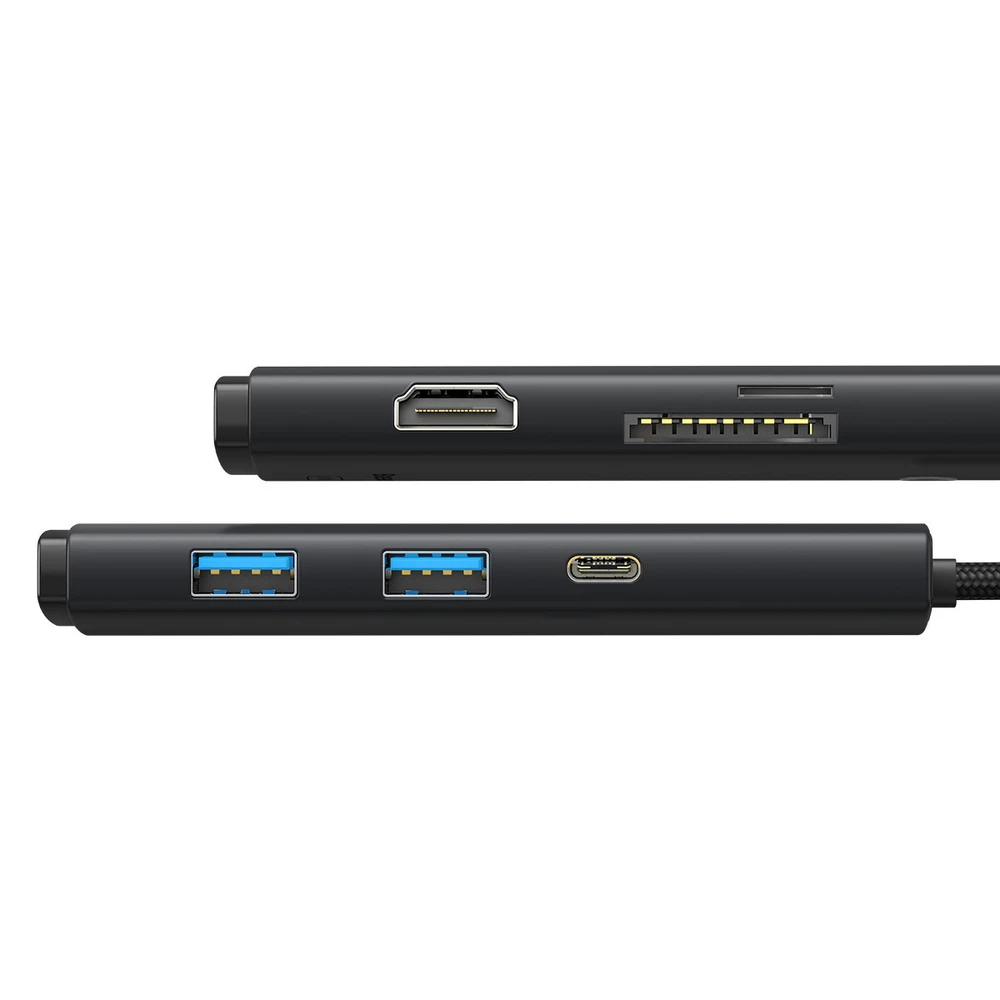 „Baseus Lite“ serijos šakotuvas 6w1 USB-C iki 2x USB 3.0 + USB-C + HDMI + SD/TF (juodas)