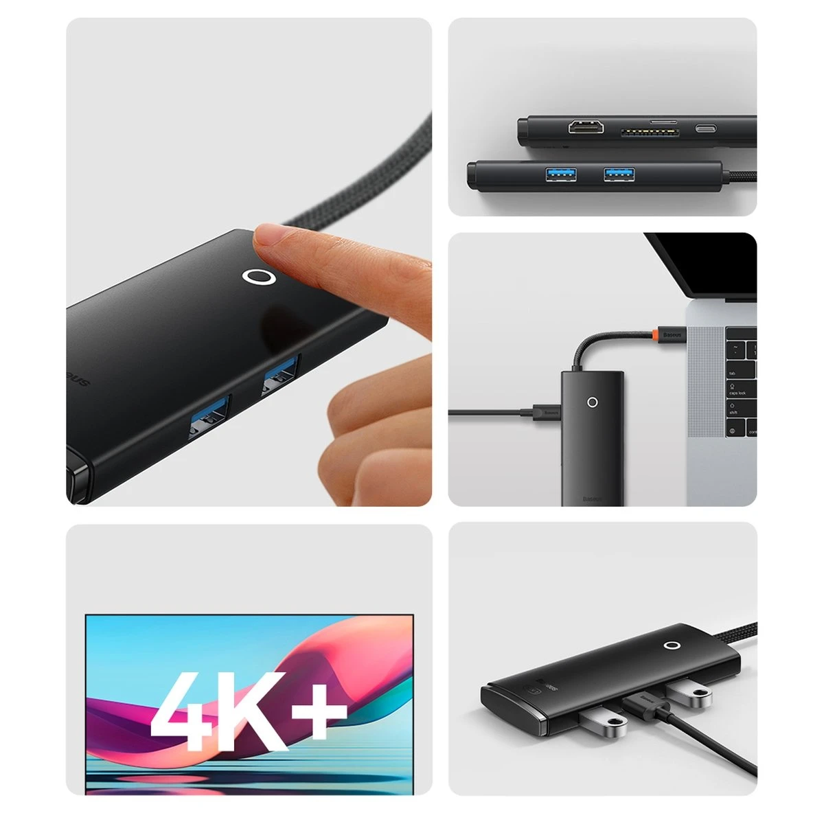 Jungčių stotelė / adapteris USB C kištukas - 2xUSB3.0, HDMI, USB C PD (krovimo), SD/Micro SD lizdai BASEUS