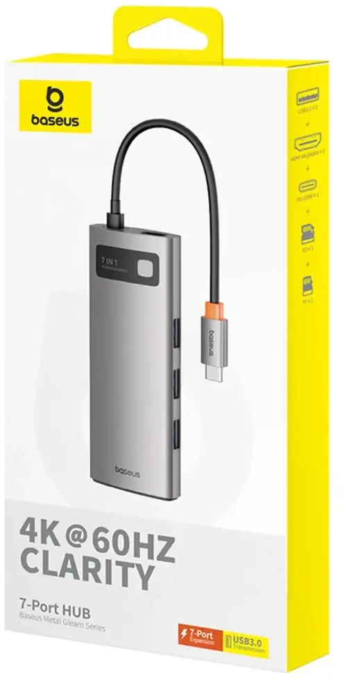 Baseus Metal Gleam 7-in-1 šakotuvas USB-C į HDMI | 3x USB 3.0 | USB-C | SD | Micro SD | 100 W | pilkas