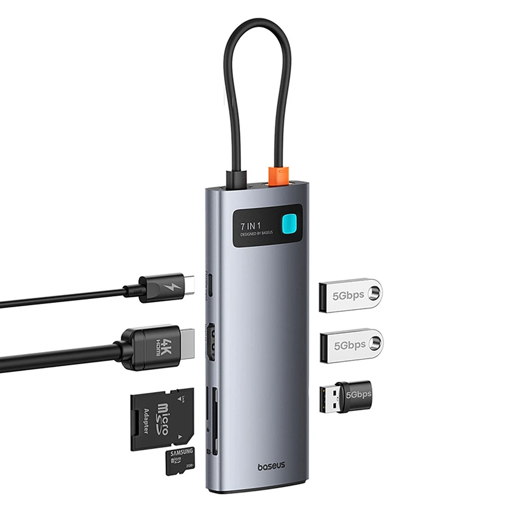 Baseus 7in1 USB-C šakotuvas su išorinių jungčių vizualizacija