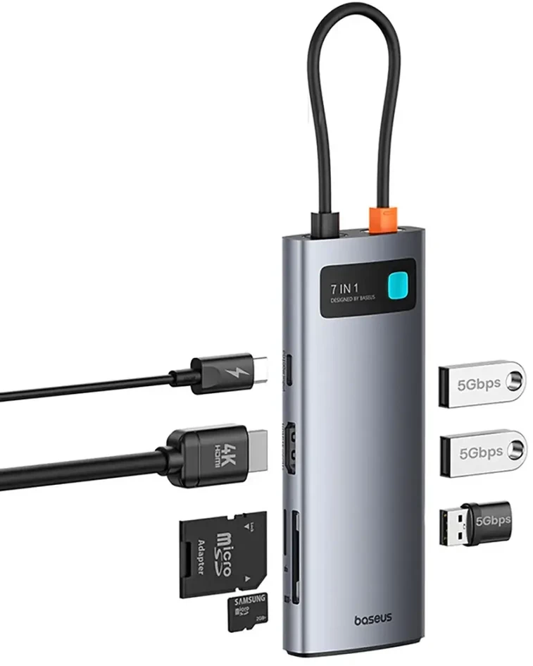 Baseus Metal Gleam 7-in-1 šakotuvas USB-C į HDMI | 3x USB 3.0 | USB-C | SD | Micro SD | 100 W | pilkas