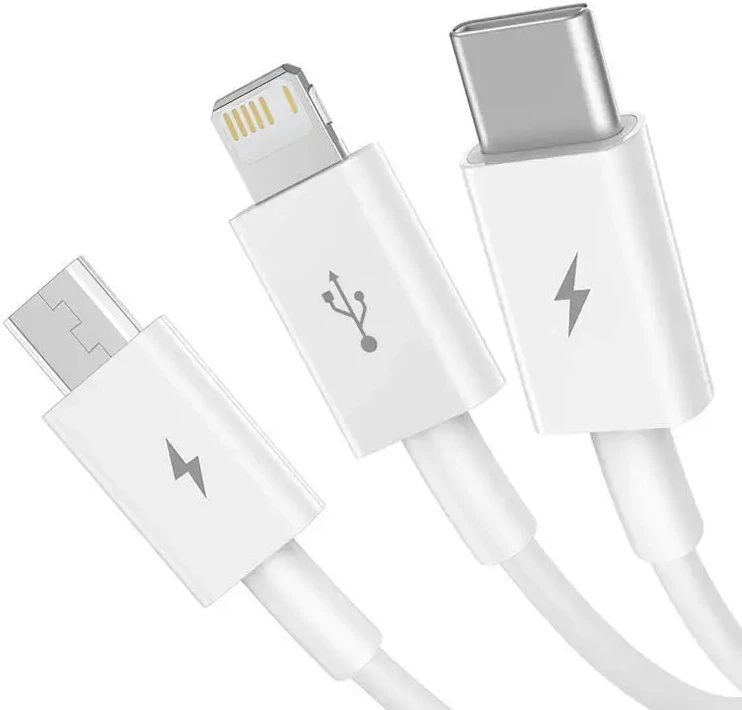 Baseus P10320105221-00 3-in-1 duomenų perdavimo ir įkrovimo kabelis | USB-A į USB-C, Lightning, Micro USB | 17,5 W | 0,5 m | baltas