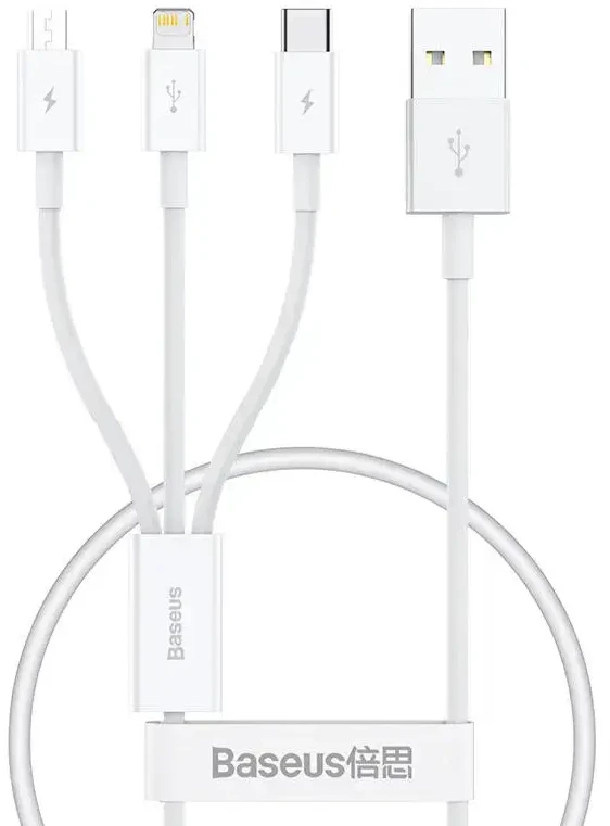Baseus P10320105221-00 3-in-1 duomenų perdavimo ir įkrovimo kabelis | USB-A į USB-C, Lightning, Micro USB | 17,5 W | 0,5 m | baltas