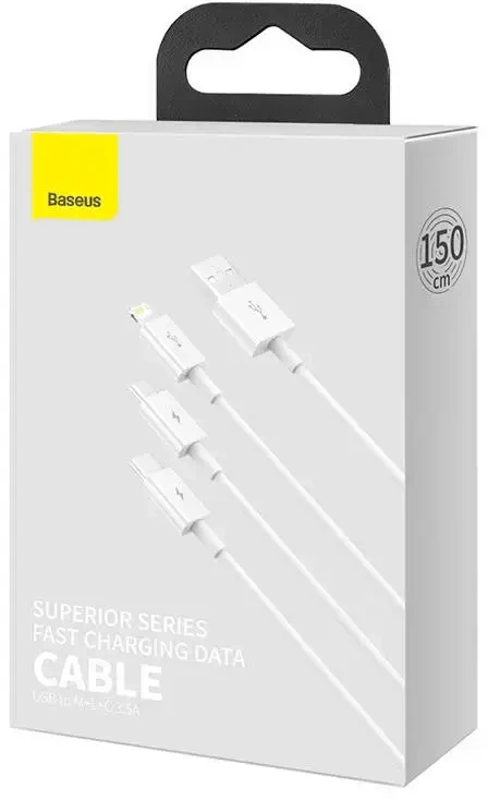 Baseus P10320105221-00 3-in-1 duomenų perdavimo ir įkrovimo kabelis | USB-A į USB-C, Lightning, Micro USB | 17,5 W | 0,5 m | baltas