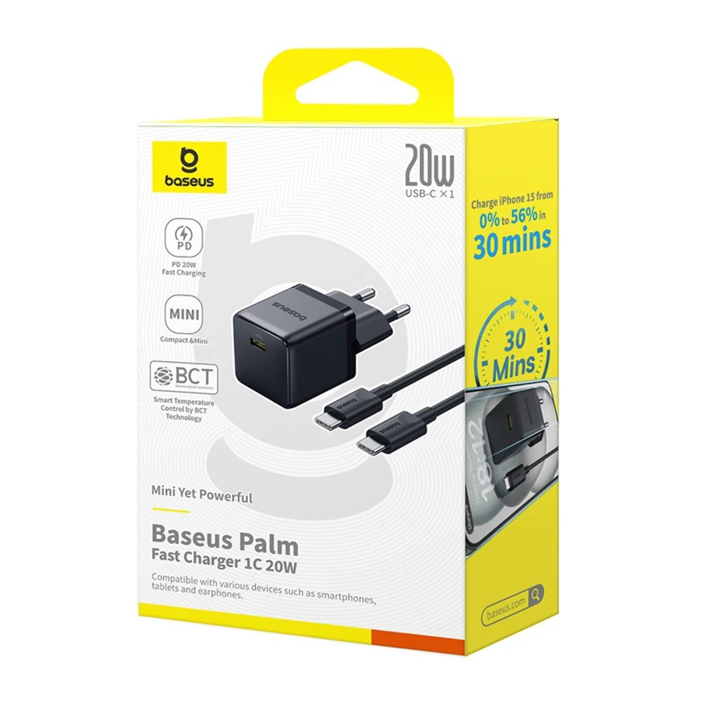 Baseus Sieninis įkroviklis Palm 20W USB-C QC3.0 PD3.0 su USB-C kabeliu 1m, juodas