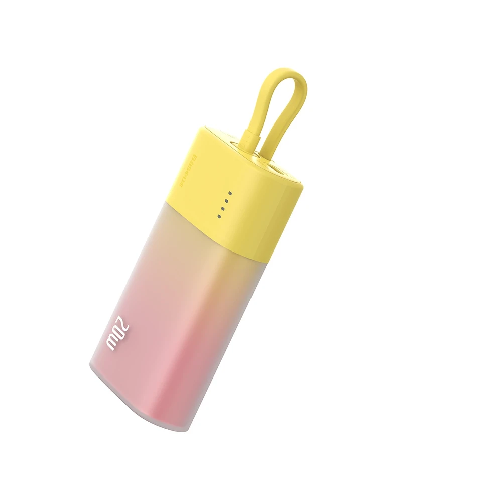 Baseus Popsicle 5200mAh 20W Powerbank with Built-in Lightning kabelis (+ Baltas Baseus Simple USB-C - USB-C 60W/20V/3A/30cm kabelis) - geltona-rožinė