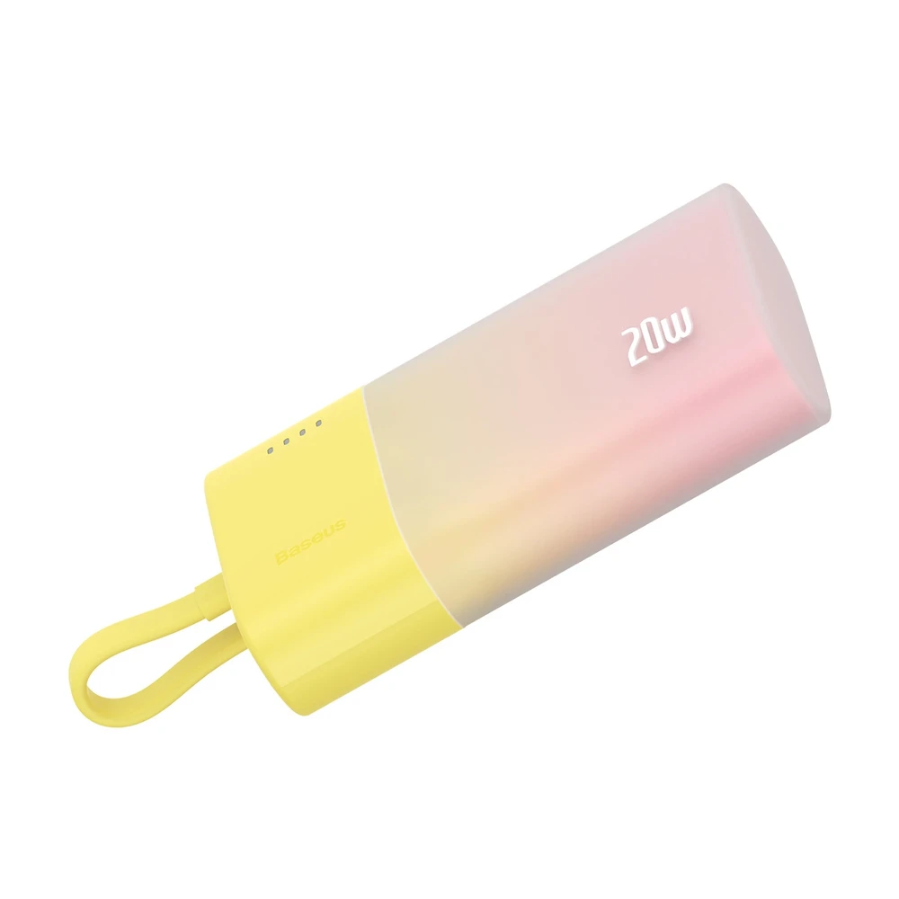 Baseus Popsicle 5200mAh 20W Powerbank with Built-in Lightning kabelis (+ Baltas Baseus Simple USB-C - USB-C 60W/20V/3A/30cm kabelis) - geltona-rožinė