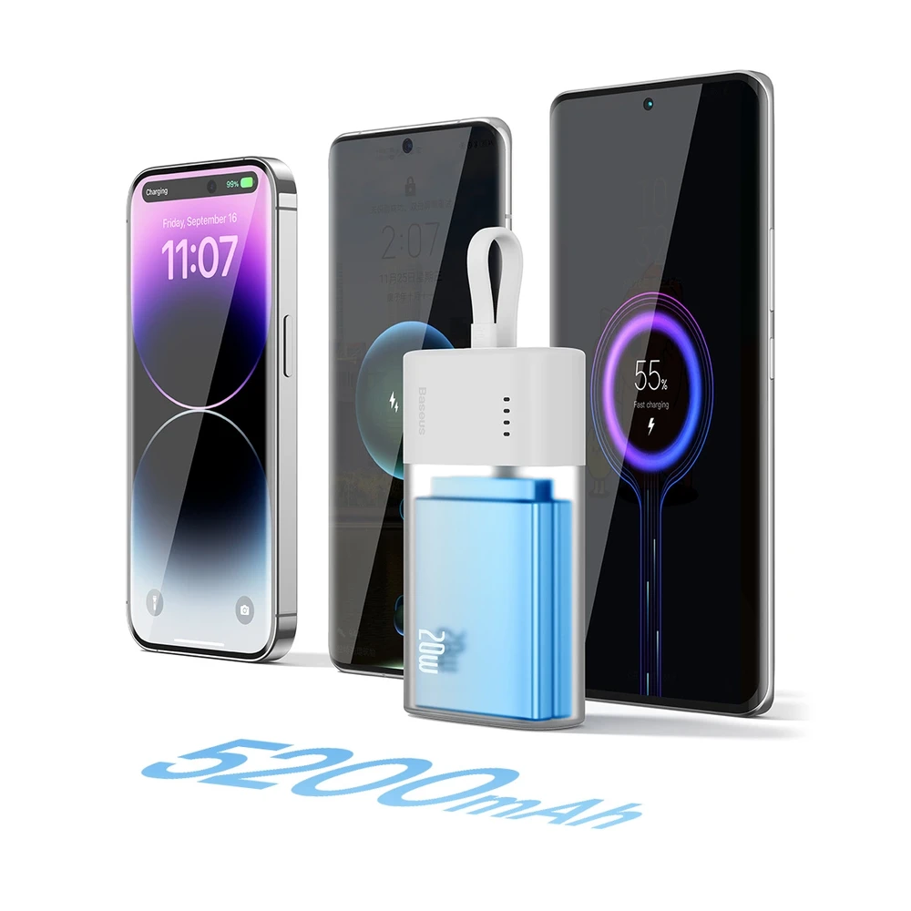 Baseus Popsicle 5200mAh 20W Powerbank su įmontuotu Lightning kabeliu (+ Baltas Baseus Simple USB-C - USB-C 60W/20V/3A/30cm kabelis) - balta-žalia
