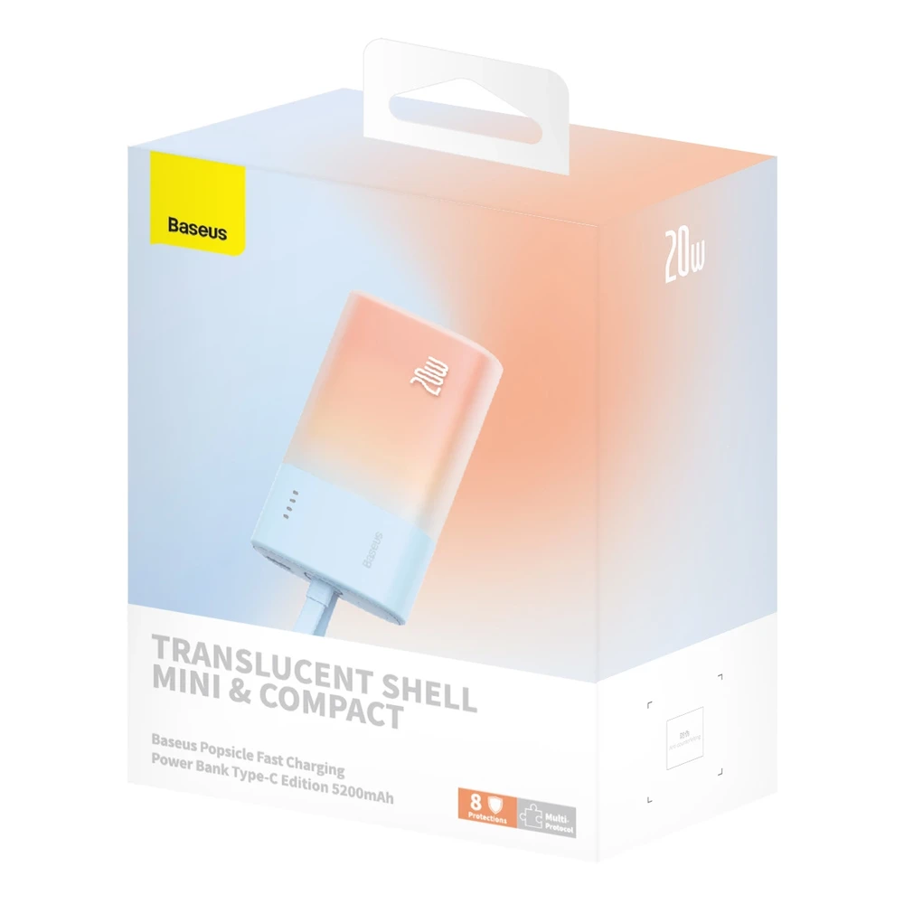 Baseus Popsicle 5200mAh 20W Powerbank with Built-in Lightning kabelis (+ Baltas Baseus Simple USB-C - USB-C 60W/20V/3A/30cm kabelis) - mėlyna-oranžinė