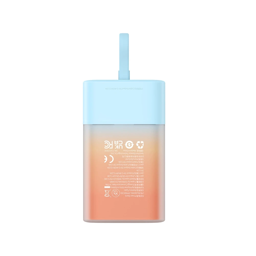 Baseus Popsicle 5200mAh 20W Powerbank with Built-in Lightning kabelis (+ Baltas Baseus Simple USB-C - USB-C 60W/20V/3A/30cm kabelis) - mėlyna-oranžinė