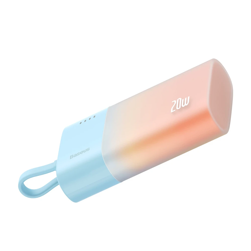 Baseus Popsicle 5200mAh 20W Powerbank with Built-in Lightning kabelis (+ Baltas Baseus Simple USB-C - USB-C 60W/20V/3A/30cm kabelis) - mėlyna-oranžinė