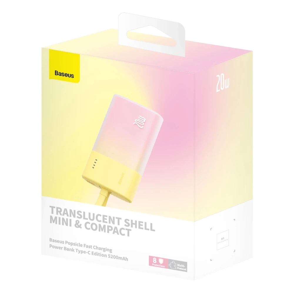 Baseus Popsicle 5200mAh 20W Powerbank with Built-in Lightning kabelis (+ Baltas Baseus Simple USB-C - USB-C 60W/20V/3A/30cm kabelis) - geltona-rožinė