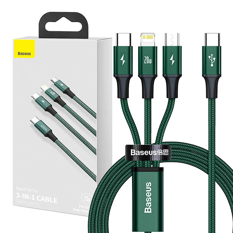 Baseus Rapid serijos Micro USB + Lightning + USB-C kabelis skirtas M+L+T 20W 1.5m – Žalias