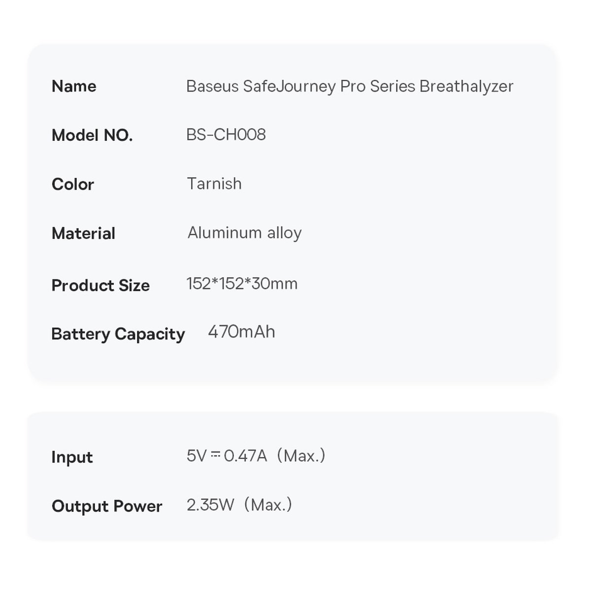 Baseus SafeJourney Pro elektroninis alkotesteris bekontaktis (pilkas)