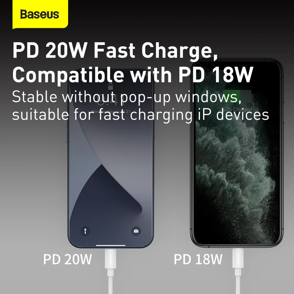 Baseus Simple Wisdom duomenų kabelio komplektas iš USB-C į Lightning PD 20W (2 Vnt), 1.5 m baltos spalvos