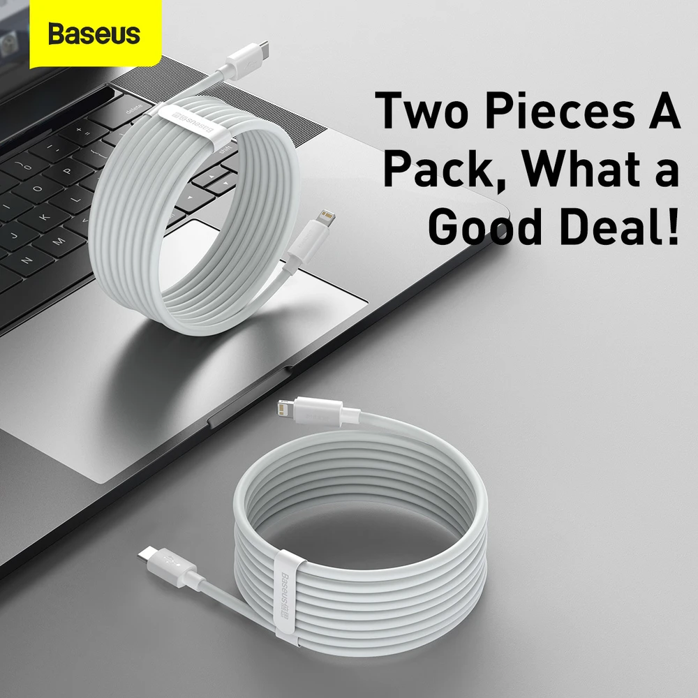 Baseus Simple Wisdom duomenų kabelio komplektas iš USB-C į Lightning PD 20W (2 Vnt), 1.5 m baltos spalvos