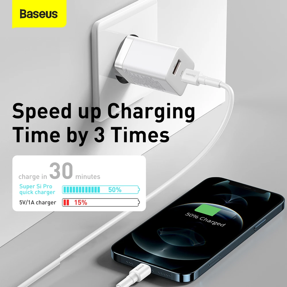 Baseus Super Si Pro įkroviklis USB + USB-C 30W - Baltas