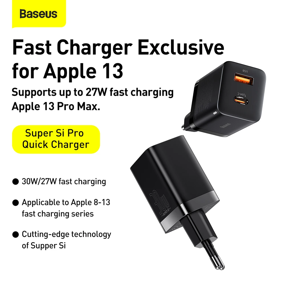 Baseus Super Si Pro įkroviklis USB + USB-C 30W - Juodas