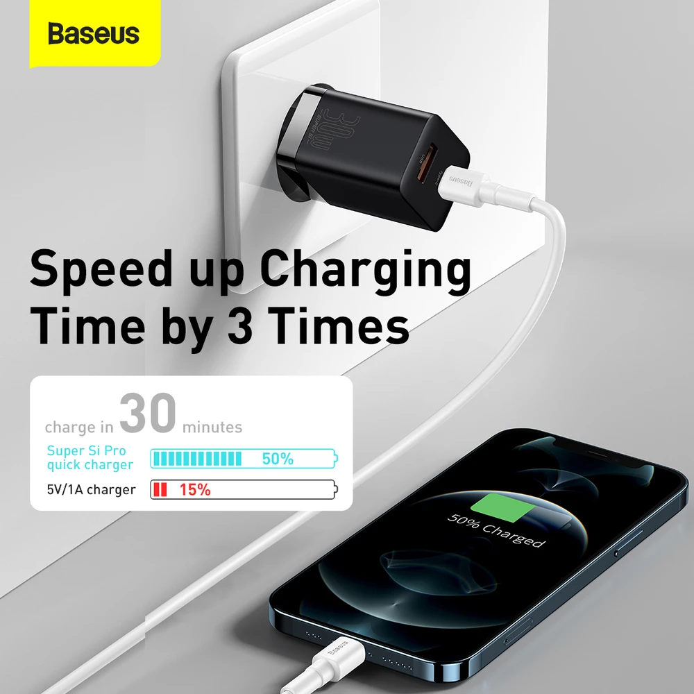 Baseus Super Si Pro įkroviklis USB + USB-C 30W - Juodas
