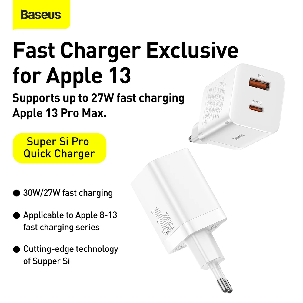 Baseus Super Si Pro įkroviklis USB + USB-C 30W - Baltas
