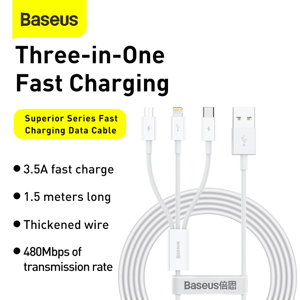 Kabelis Baseus Superior iš USB į microUSB+Lightning+Type-C 3.5A 1.5m baltas CAMLTYS-02