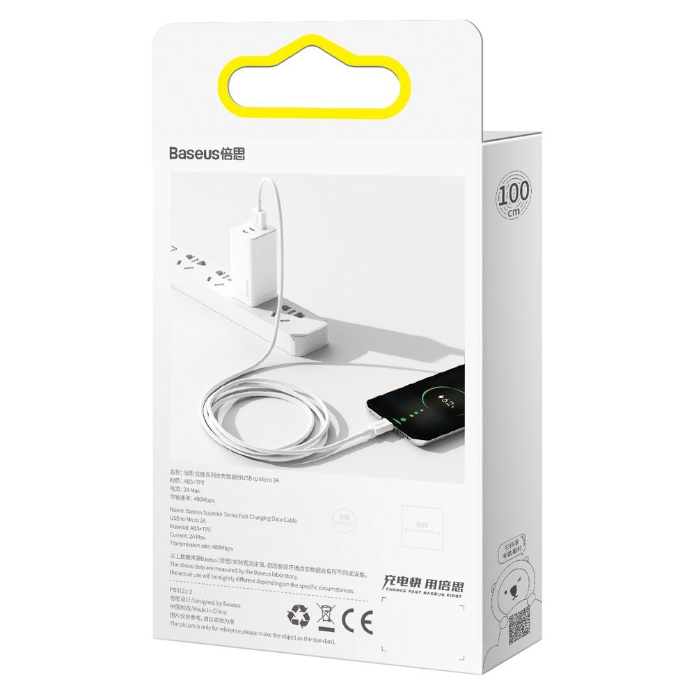 Kabelis USB A - micro USB kištukas 1.0m 2A baltas Superior serija BASEUS