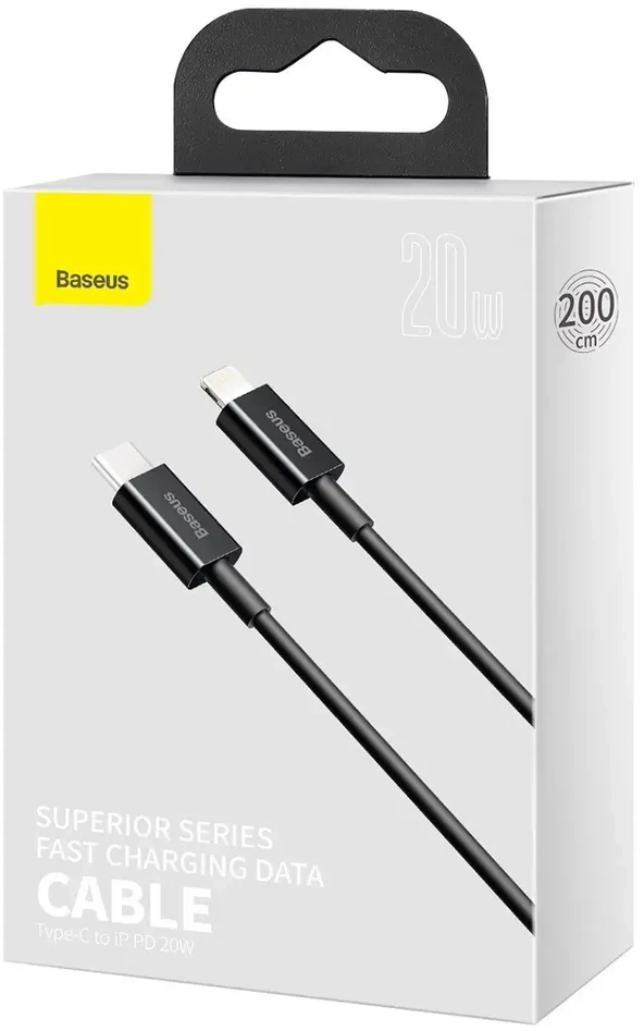„Baseus Superior Series CATLYS-C01“ duomenų perdavimo ir įkrovimo laidas | USB-C į „Lightning“ | 20 W | 2 m | juodas