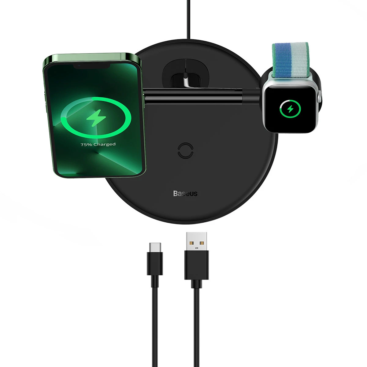 Baseus Belaidis magnetinis įkroviklis, stovas 20W trims Apple įrenginiams, juodas