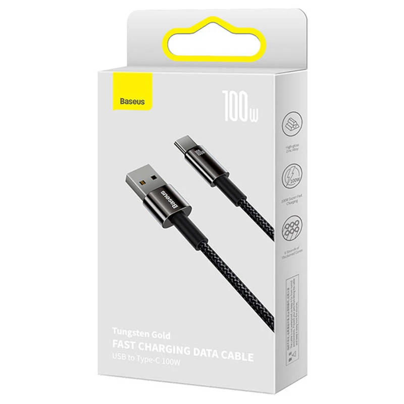 Baseus volframo auksinis kabelis USB prie USB-C, 100 W, 1 m (juodas)