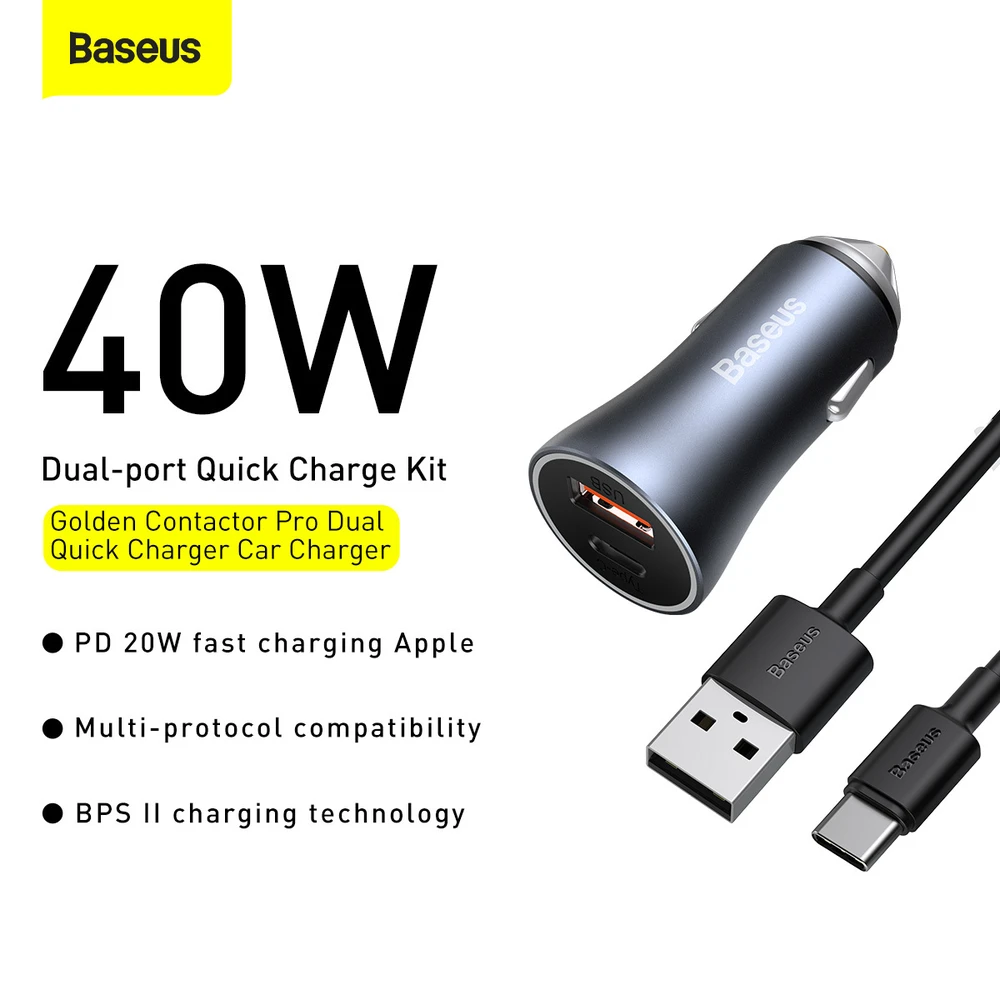 Baseus Golden Contactor Pro USB + USB-C QC4.0 + PD SCP 40W automobilinis įkroviklis + USB - USB-C kabelis 1m