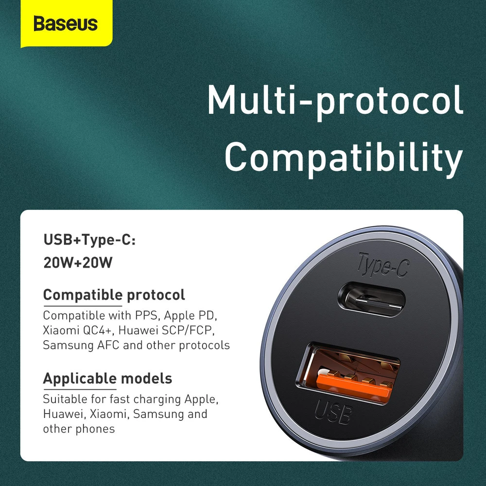 Baseus Golden Contactor Pro USB + USB-C QC4.0 + PD SCP 40W automobilinis įkroviklis + USB - USB-C kabelis 1m