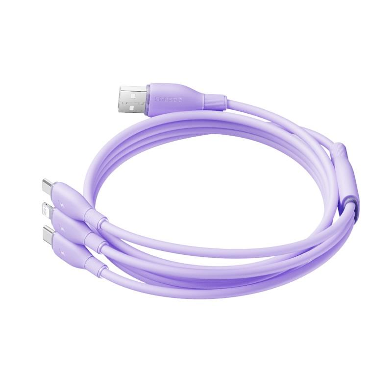Baseus itin spartus „trys viename“ greitojo įkrovimo laidas USB-A į M+L+C 3.5A 1.3m Nebula Violetinė