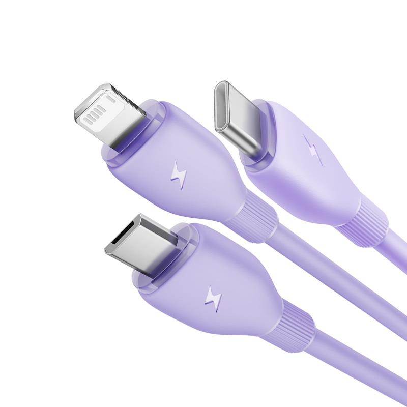 „Baseus“ itin greitas „vienas už tris“ greito įkrovimo kabelis USB-A iki M+L+C 3,5A 1,3 m ūkas Violetinė