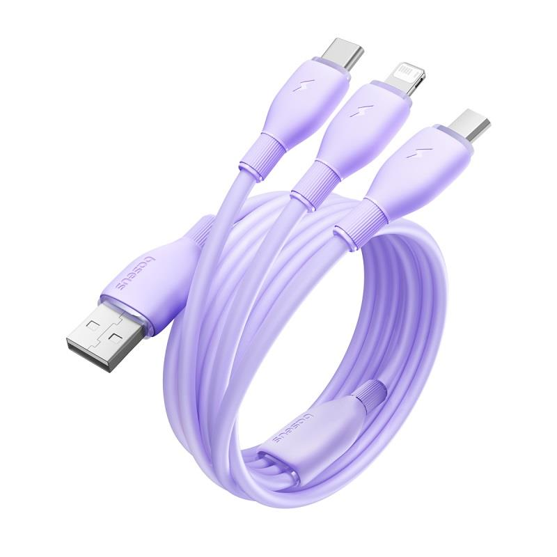 Baseus itin spartus „trys viename“ greitojo įkrovimo laidas USB-A į M+L+C 3.5A 1.3m Nebula Violetinė