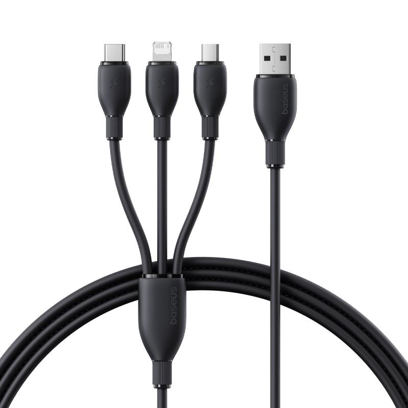 „Baseus“ itin greitas „vienas už tris“ greito įkrovimo kabelis USB-A iki M+L+C 3,5A 0,8 m Cosmic juodos spalvos