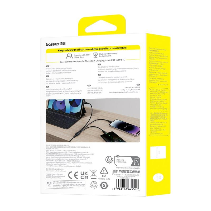 „Baseus“ itin greitas „vienas už tris“ greito įkrovimo kabelis USB-A iki M+L+C 3,5A 0,8 m Cosmic juodos spalvos